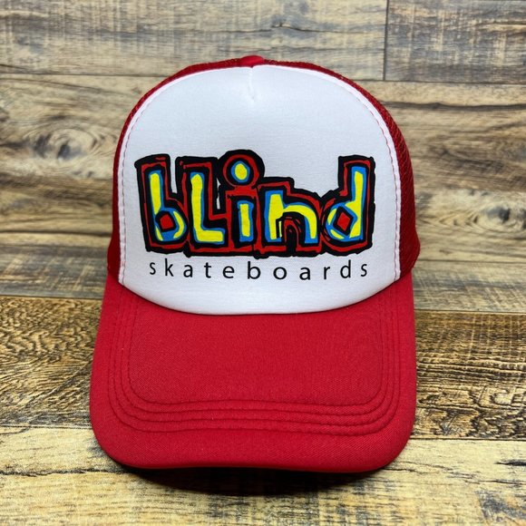 Blind Skateboard Mens Trucker Hat Red Snapback Streetwear 90s Logo Baseball Cap - Picture 2 of 8